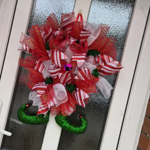 Red and White Door Wreath with Elf Legs